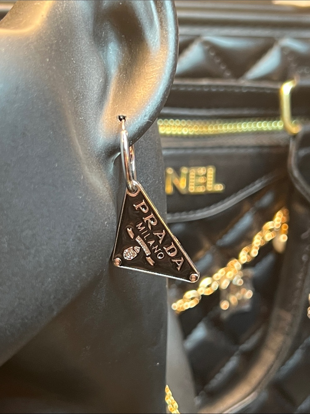 Silver Triangle Logo Hoop Earrings - Picture 4 of 9